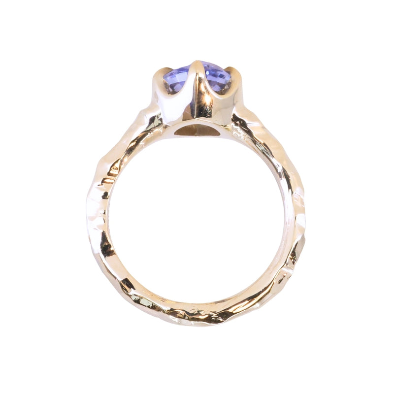 3.16ct Unheated Purple Madagascar Marquise Sapphire Evergreen Carved Low Profile 6 Prong Solitaire in 14k Yellow Gold