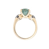 4.86ct Teal Elongated Cushion Sapphire and Salt and Pepper Diamond Three Stone Ring in 14k Yellow