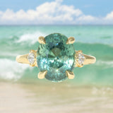 7.19ct Oval Light Teal Seafoam Madagascar Sapphire and Princess Cut Diamond Rapids Low Profile Ring in 18k Yellow Gold