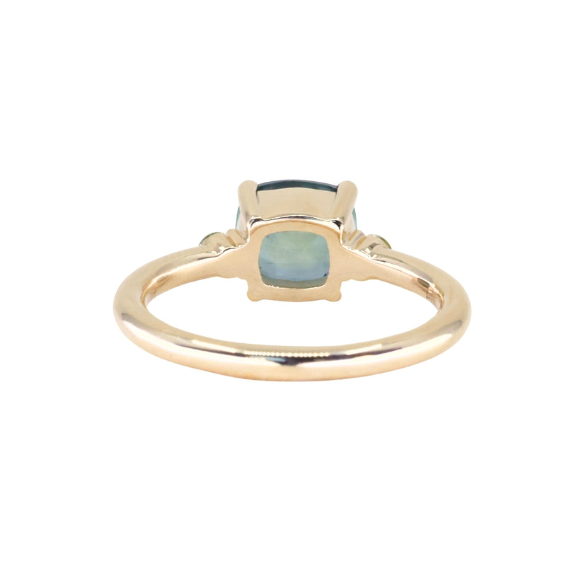 2.17ct Unheated Antique Style Cushion Cut Montana Sapphire Dainty Three Stone Ring in 14k Yellow Gold