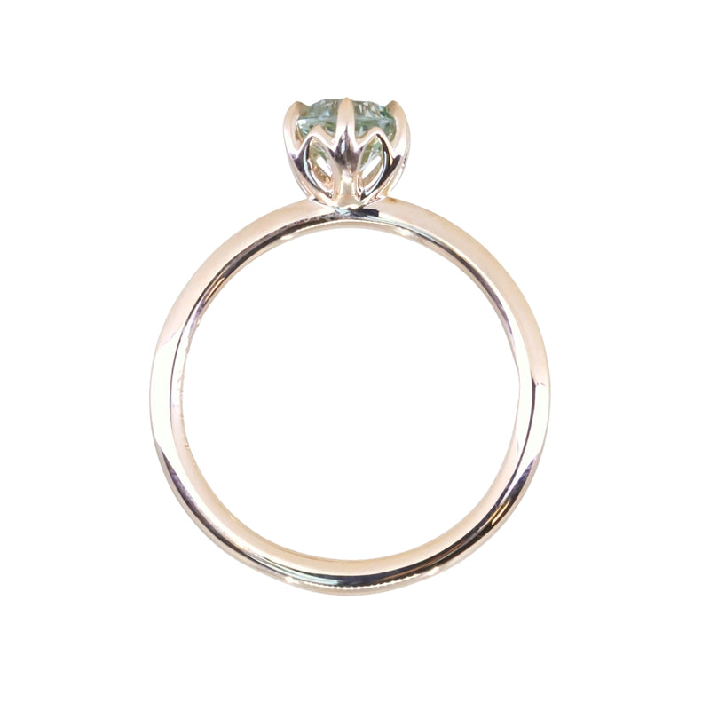 0.97ct Untreated Round Precision Cut Aqua Montana Sapphire Lotus Solitaire in 14k Yellow Gold