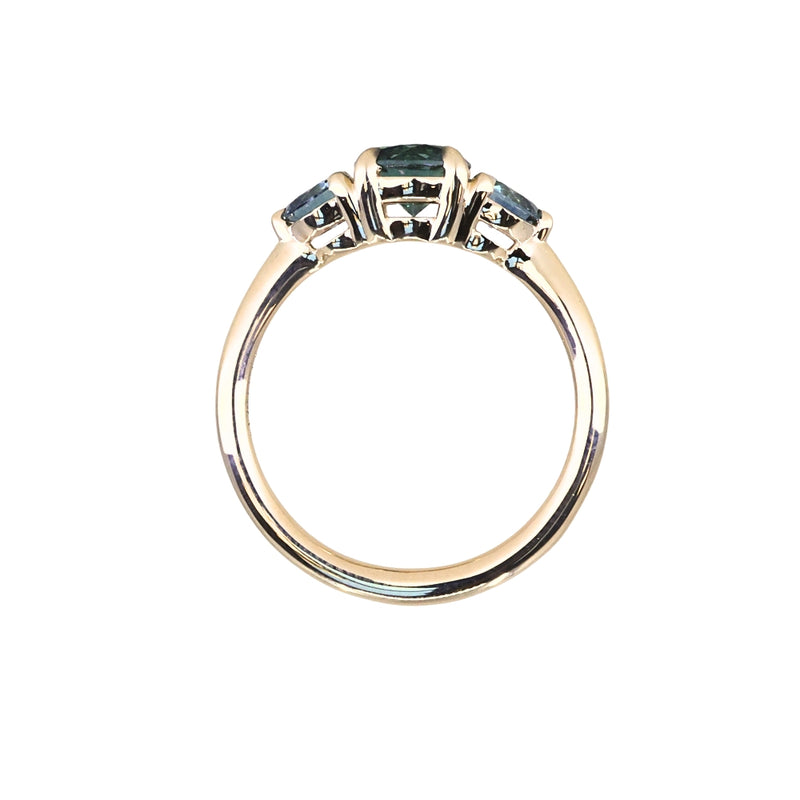 0.92ct Unheated Teal Montana Sapphire and Montana Sapphire Side Three Stone Ring in 14k Yellow Gold