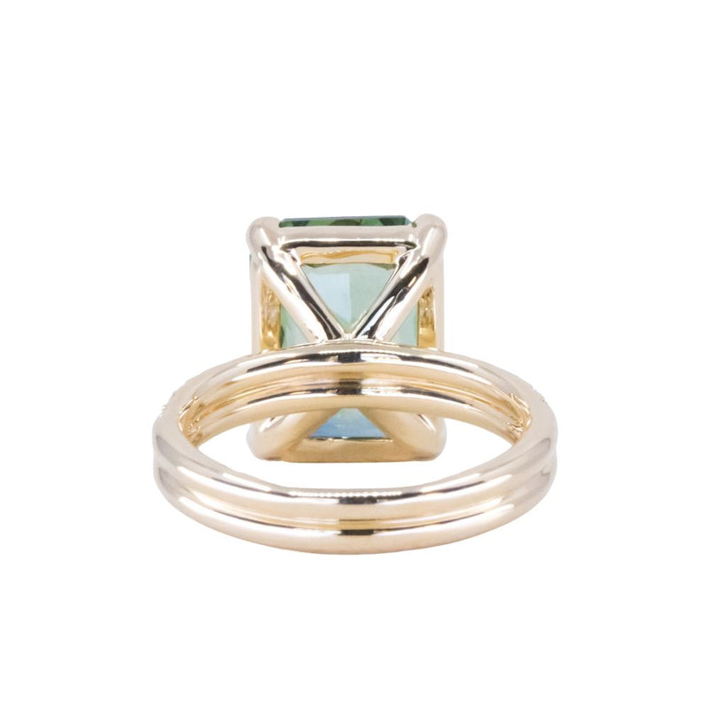 6.19ct Untreated Teal Radiant Cut Sapphire and Double Band 4 Prong Stackable Solitaire in 18k Yellow Gold