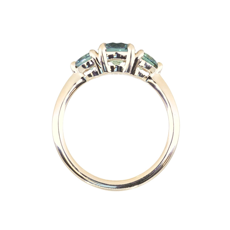 0.91ct Round Unheated Teal Green Montana Sapphire and Montana Sapphire Side Three Stone Ring in 14k Yellow Gold