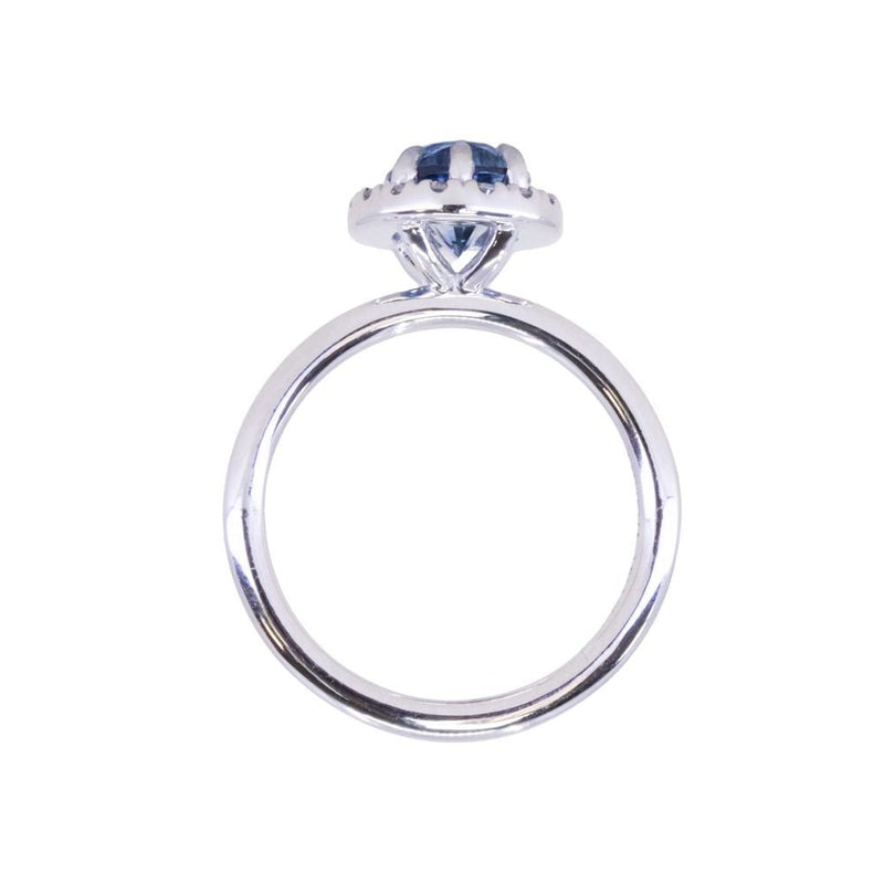 1.93ct Oval Blue Parti Sapphire Six Prong Halo Stackable Ring in 14k White Gold