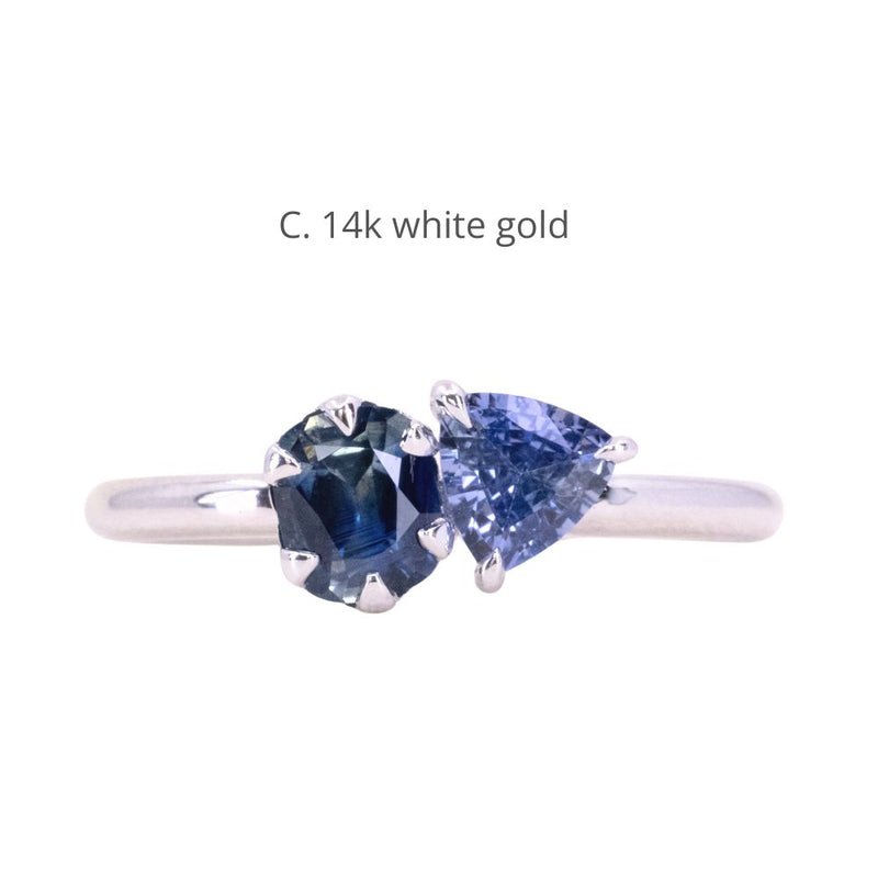 Low Profile Cushion and Trillion Sapphire Toi Et Moi Rings in 14k Green, Yellow and White Gold