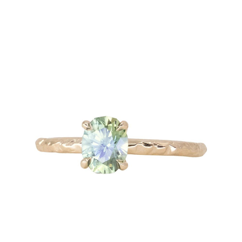 1.07ct Oval Medium Green Teal Montana Sapphire Evergreen Carved 4 Prong Solitaire in 14k Yellow Gold