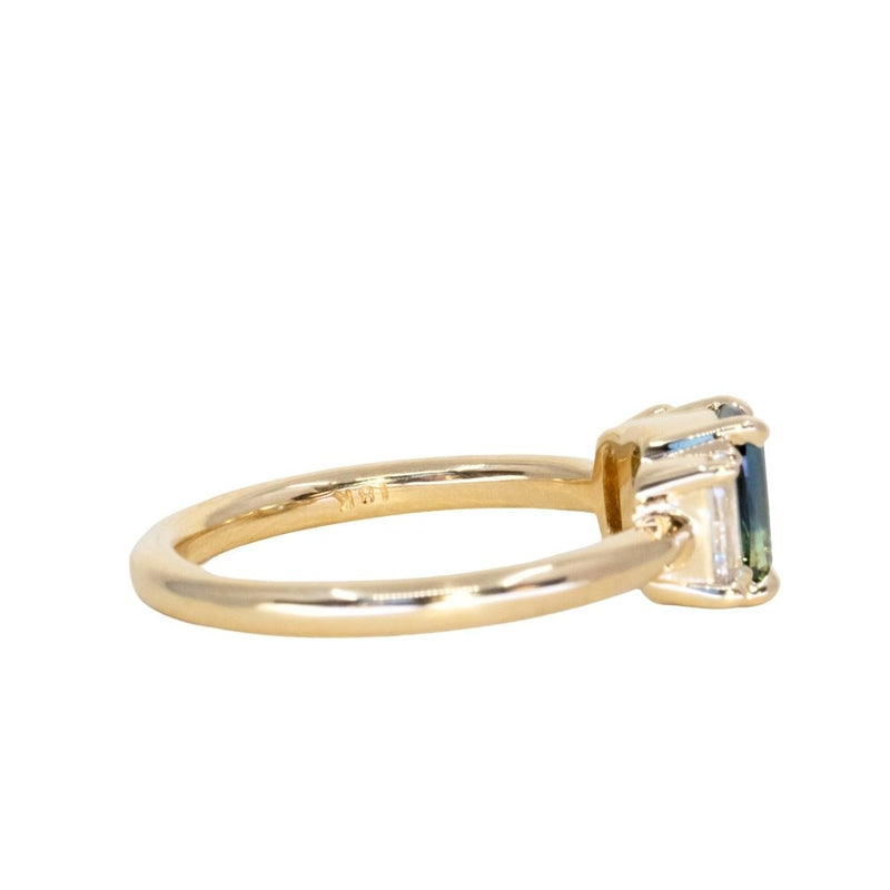 0.87ct Modern Elongated Cushion Australian Sapphire and Matching Diamond Three Stone Low Profile Ring in 18k Yellow Gold