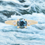 1.10ct Round Deep Teal Montana Sapphire and Princess Cut Diamond Rapids Low Profile Ring in 14k Yellow Gold