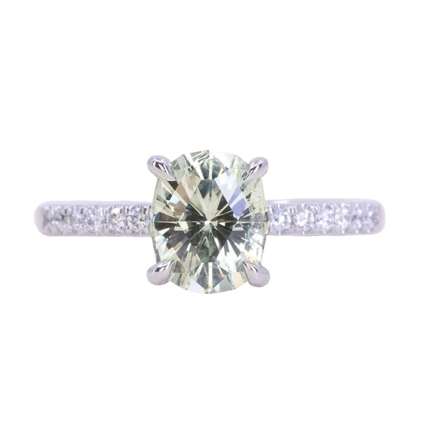 1.94ct Elongated Cushion Cut Light Green Montana Sapphire and French Set Diamond Solitaire in 14K White Gold