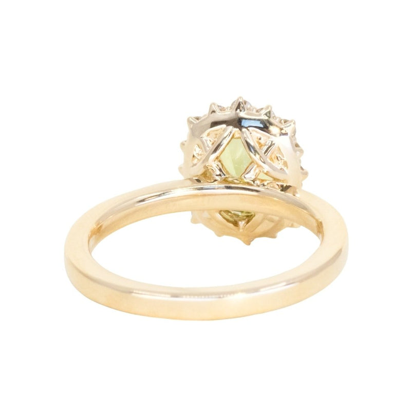 1.64ct Elongated Cushion Cut Green Montana Sapphire Antique-Style Diamond Halo Ring in 14k Green Gold