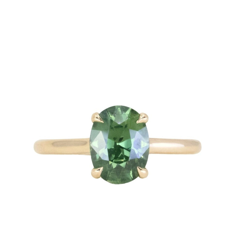 1.75ct Oval Teal Green Untreated Nigerian Sapphire Hidden Halo Solitaire in 14k Yellow Gold