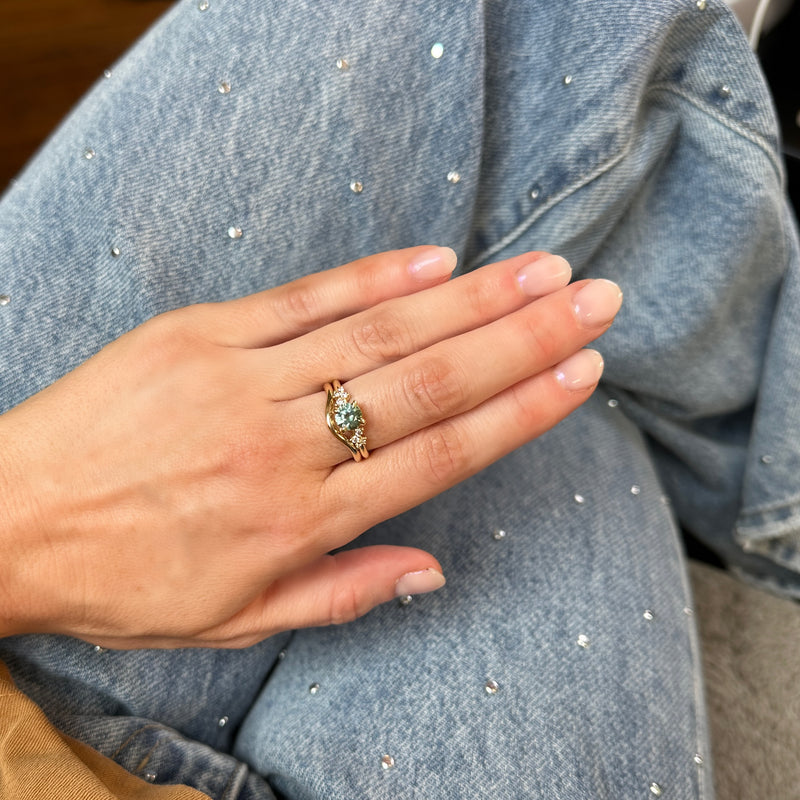 1.21ct Unheated Teal Seafoam Green Montana Sapphire and Diamond Starry Night Low Profile Solitaire in 18k Yellow Gold