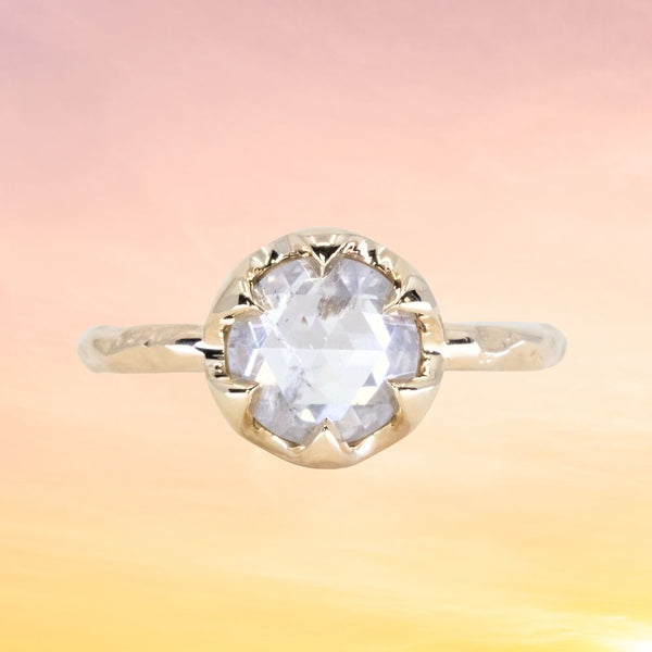 1.75ct Icy Rosecut Diamond 6-Prong Low Profile Ring with Evergreen Carved Band in 14K Yellow Gold