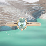 0.82ct Unheated Silky Light Seafoam Teal Montana Sapphire Scallop Cup Solitaire in 14k Yellow Gold