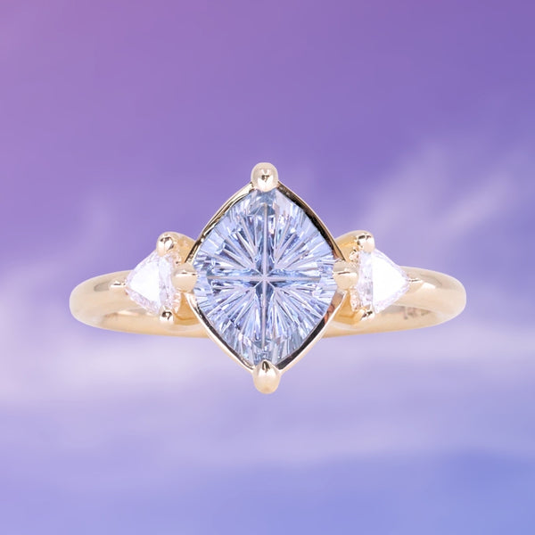 1.93ct Untreated Fantasy Cut Montana Sapphire and Diamond  Antique Milgrain Three Stone Low Profile Ring in 14k Yellow Gold