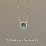 Dainty 14k Yellow Gold Montana Sapphire and Diamond Halo Necklaces