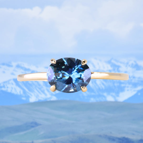 1.42ct Oval Blue Montana Sapphire Low Profile 4 Prong East-West Solitaire in 14k Yellow Gold