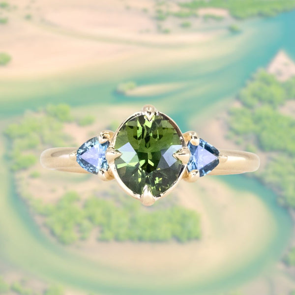 1.41ct Oval Green Madagascar Sapphire and Trillion Sapphire Antique Compass Set Low Profile Ring in 14k Yellow Gold
