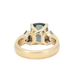 4.86ct Teal Elongated Cushion Sapphire and Salt and Pepper Diamond Three Stone Ring in 14k Yellow