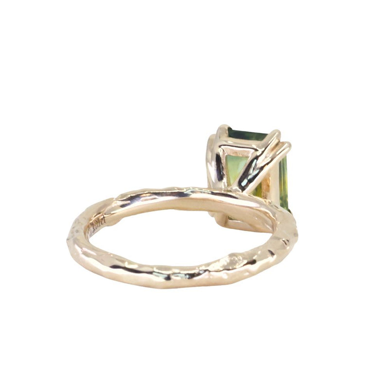 3.01ct Madagascar Parti Radiant Cut Sapphire Double Prong Evergreen Carved Stackable Solitaire in 14k Yellow Gold