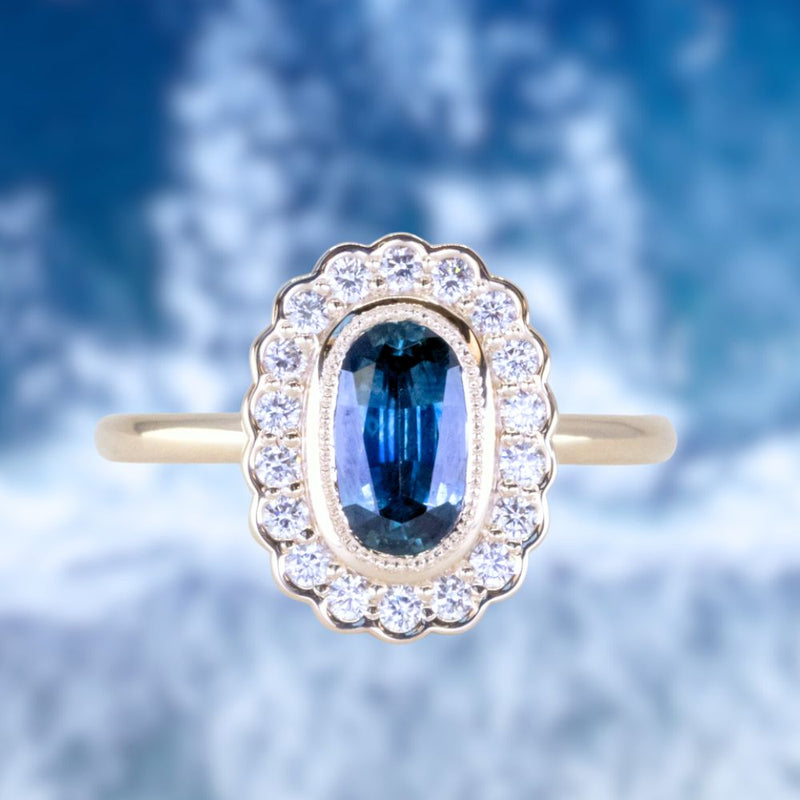 1.22ct Oval Blue Montana Sapphire Scalloped Antique Style Diamond Halo Ring in 14k Yellow Gold