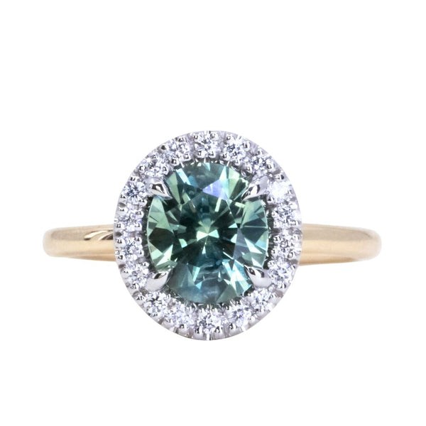 2.04ct Oval Precision Cut Aqua Teal Montana Sapphire Two Tone Halo Stackable Ring in 14k Yellow and Platinum