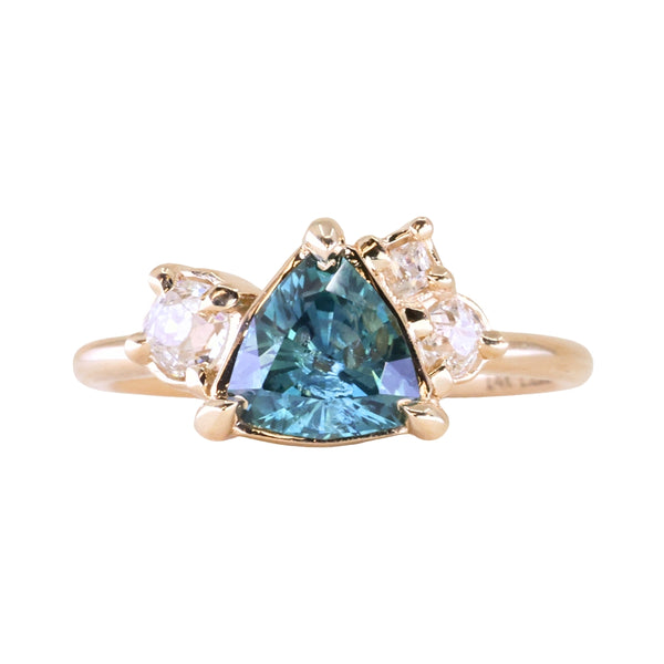 1.23ct Teal Montana Sapphire and Genuine Antique Diamond Mountainscape Ring in 14k Yellow Gold