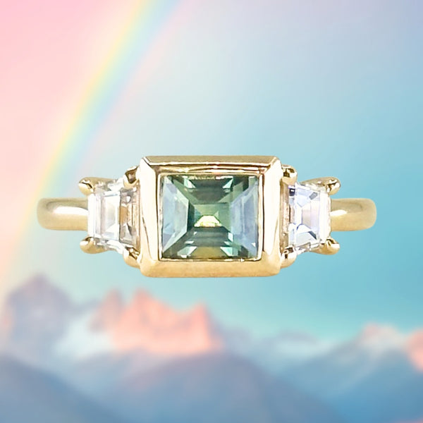 1.06ct Unheated Step Cut Teal Bezel Set Sapphire and White Cadillac Prong Set Sapphire Low Profile Three Stone Ring in 14k Yellow Gold