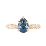 2.01ct Untreated Teal Pear Sapphire Low Profile 5 Prong Vine Solitaire with Diamonds in 14k Yellow Gold