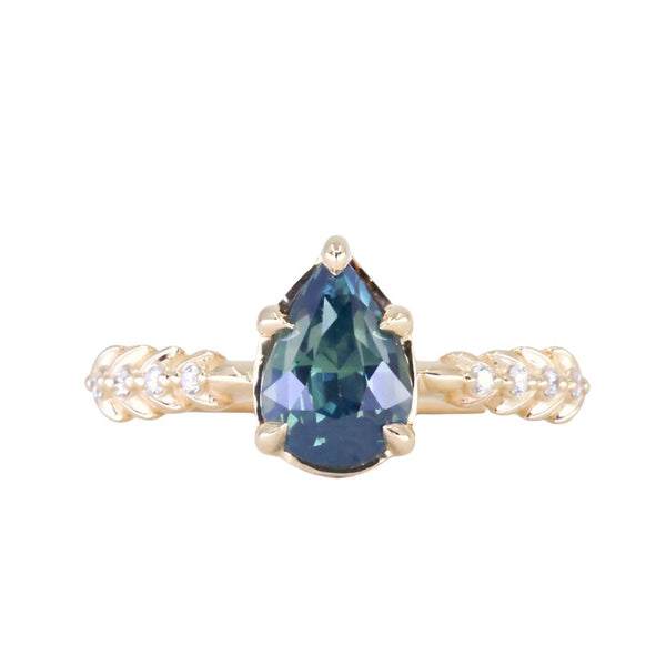 2.01ct Untreated Teal Pear Sapphire Low Profile 5 Prong Vine Solitaire with Diamonds in 14k Yellow Gold