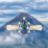2.01ct Untreated Teal Pear Sapphire Low Profile 5 Prong Vine Solitaire with Diamonds in 14k Yellow Gold