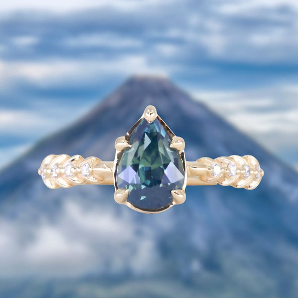 2.01ct Untreated Teal Pear Sapphire Low Profile 5 Prong Vine Solitaire with Diamonds in 14k Yellow Gold