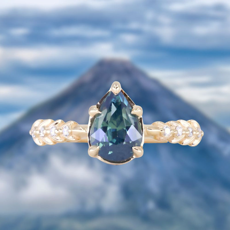 2.01ct Untreated Teal Pear Sapphire Low Profile 5 Prong Vine Solitaire with Diamonds in 14k Yellow Gold