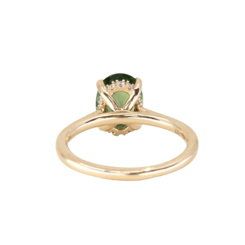 1.75ct Oval Teal Green Untreated Nigerian Sapphire Hidden Halo Solitaire in 14k Yellow Gold