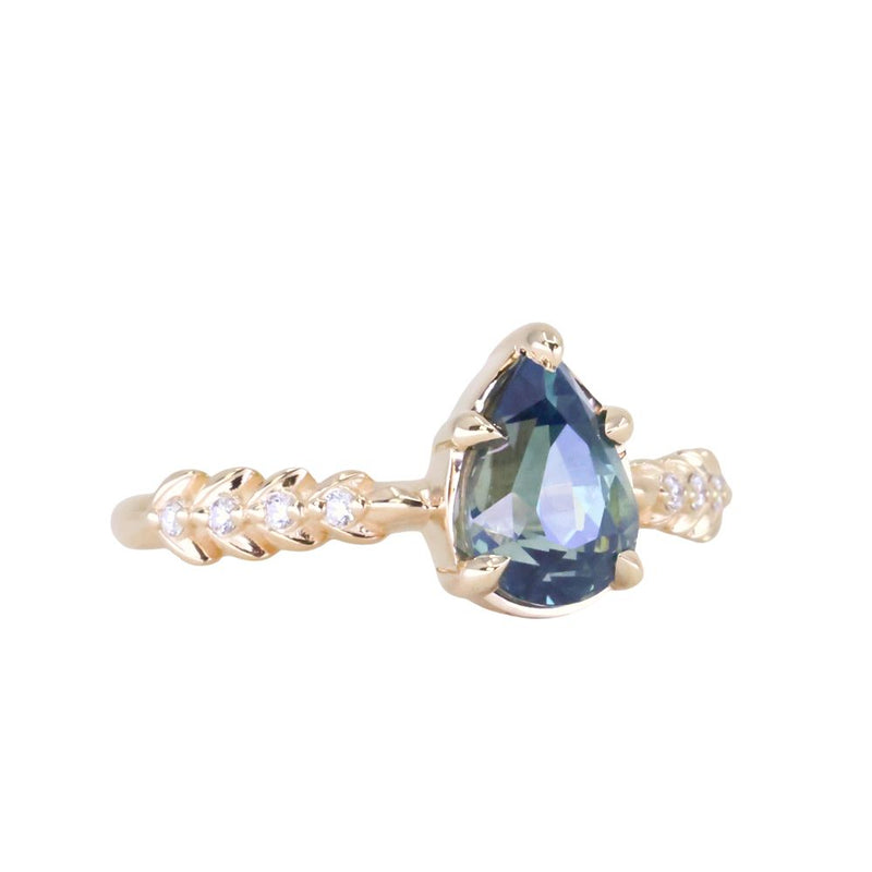 2.01ct Untreated Teal Pear Sapphire Low Profile 5 Prong Vine Solitaire with Diamonds in 14k Yellow Gold