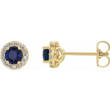 Diamond Halo and Sapphire Stud Earrings in 14k Gold