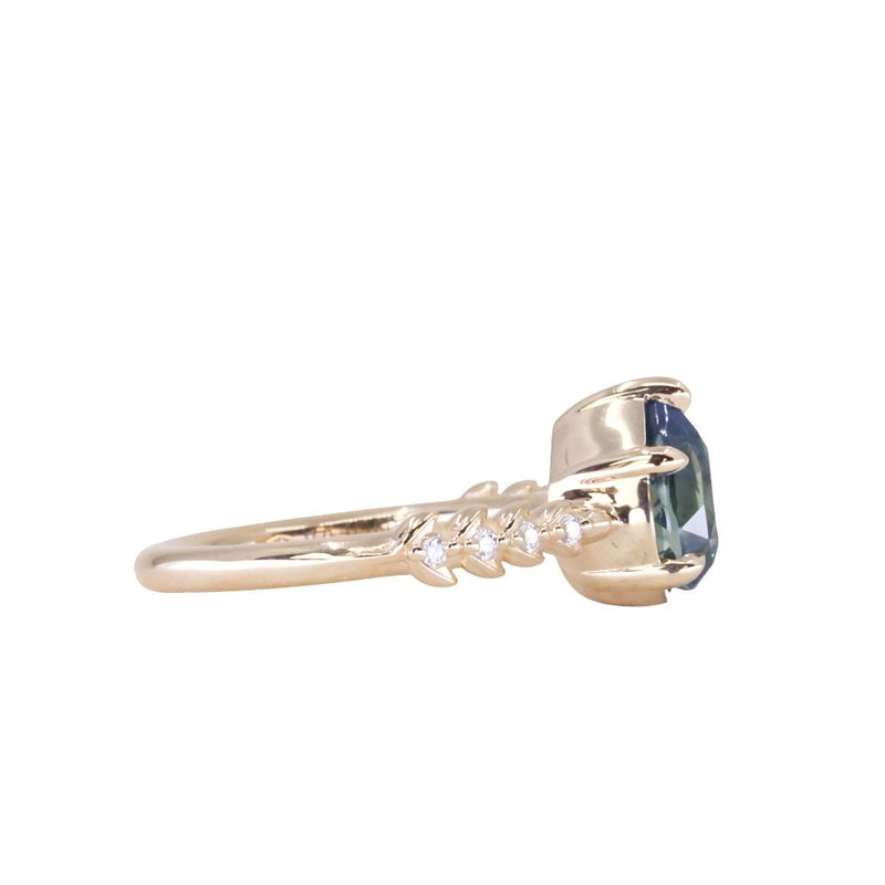 2.01ct Untreated Teal Pear Sapphire Low Profile 5 Prong Vine Solitaire with Diamonds in 14k Yellow Gold