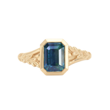 2.15ct Emerald Cut Madagascar Sapphire Wandering Vine Low Profile Bezel Split Shank Ring in 14k Yellow Gold
