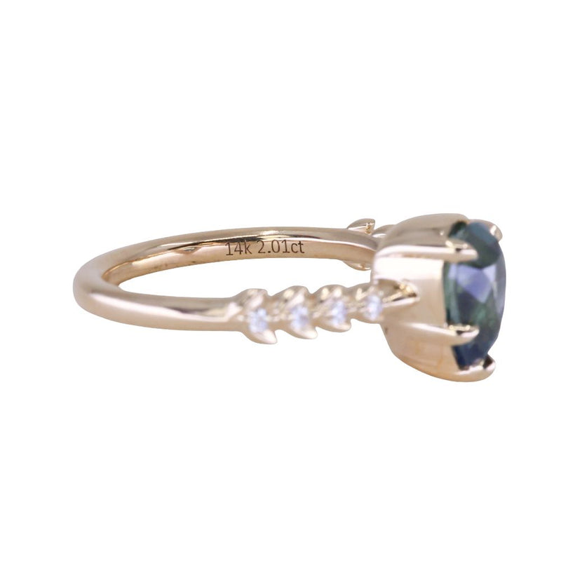 2.01ct Untreated Teal Pear Sapphire Low Profile 5 Prong Vine Solitaire with Diamonds in 14k Yellow Gold