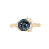 3.05ct Round Deep Blue Green Madagascar Sapphire and Diamond Evergreen Asymmetrical Cluster Ring in 8k Yellow Gold