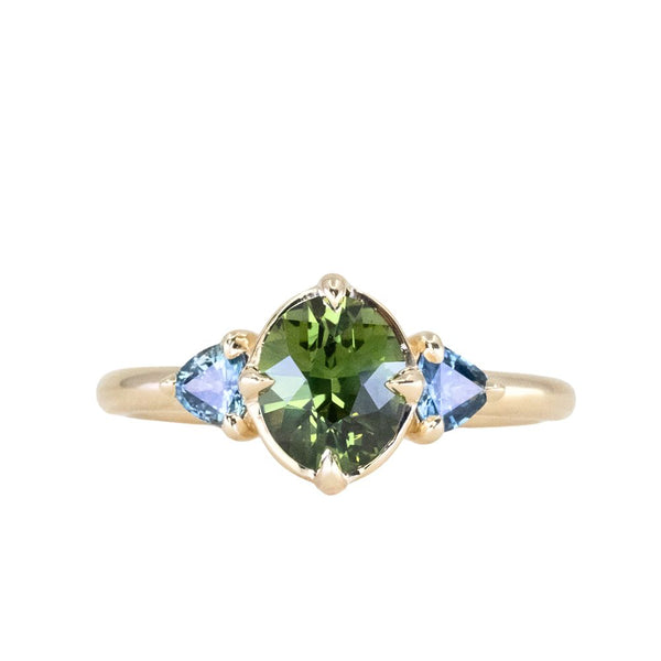 1.41ct Oval Green Madagascar Sapphire and Trillion Sapphire Antique Compass Set Low Profile Ring in 14k Yellow Gold
