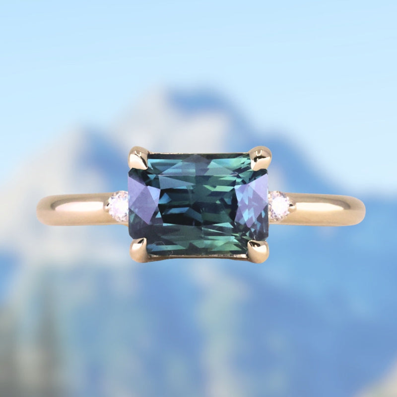 2.51ct Radiant Cut Untreated Madagascar Sapphire and Diamond Low Profile East-West Ring in 14k Yellow Gold