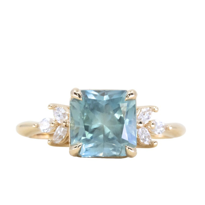 2.78ct Untreated Montana Sapphire Square Radiant Cut Marquise Diamond Cluster Ring in 14k Yellow Gold