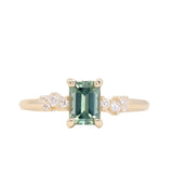 1.13ct Emerald Cut Seafoam Teal Australian Sapphire and Diamond Starry Night Low Profile Solitaire in 14k Yellow Gold