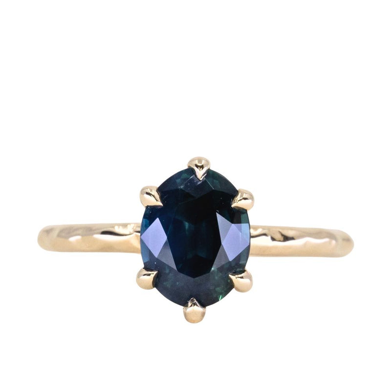 2.58ct Untreated Teal Oval Madagascar Sapphire Low Profile Tri-Band "Three Winds" 4 Prong Solitaire in 14k Yellow Gold