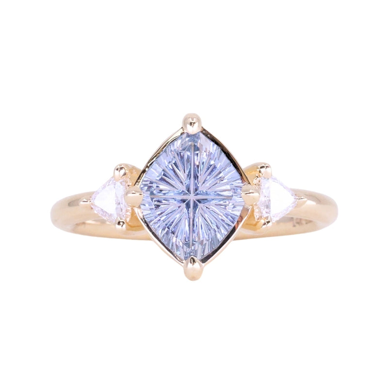 1.93ct Untreated Fantasy Cut Montana Sapphire and Diamond  Antique Milgrain Three Stone Low Profile Ring in 14k Yellow Gold