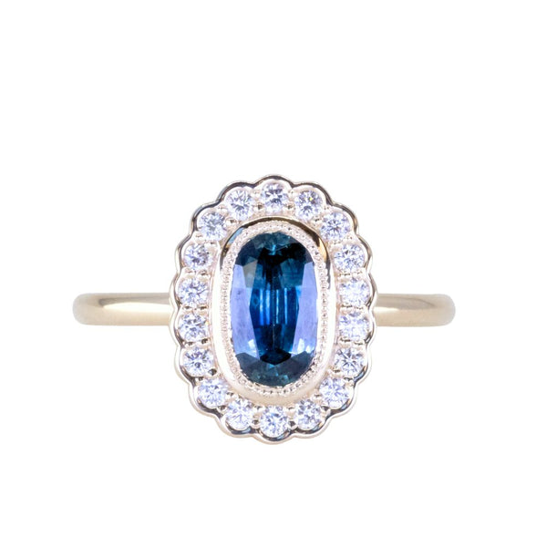 1.22ct Oval Blue Montana Sapphire Scalloped Antique Style Diamond Halo Ring in 14k Yellow Gold