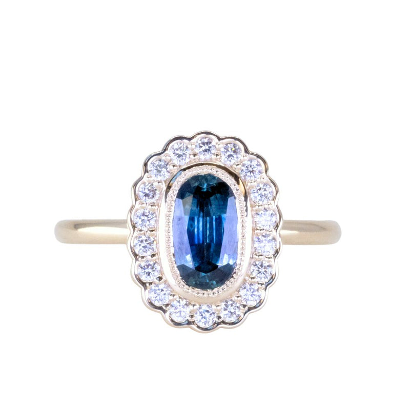 1.22ct Oval Blue Montana Sapphire Scalloped Antique Style Diamond Halo Ring in 14k Yellow Gold