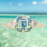 2.03ct Asscher Cut Untreated Sapphire and Trillion Diamond Antique Compass Set Low Profile Ring in 14k Green Gold